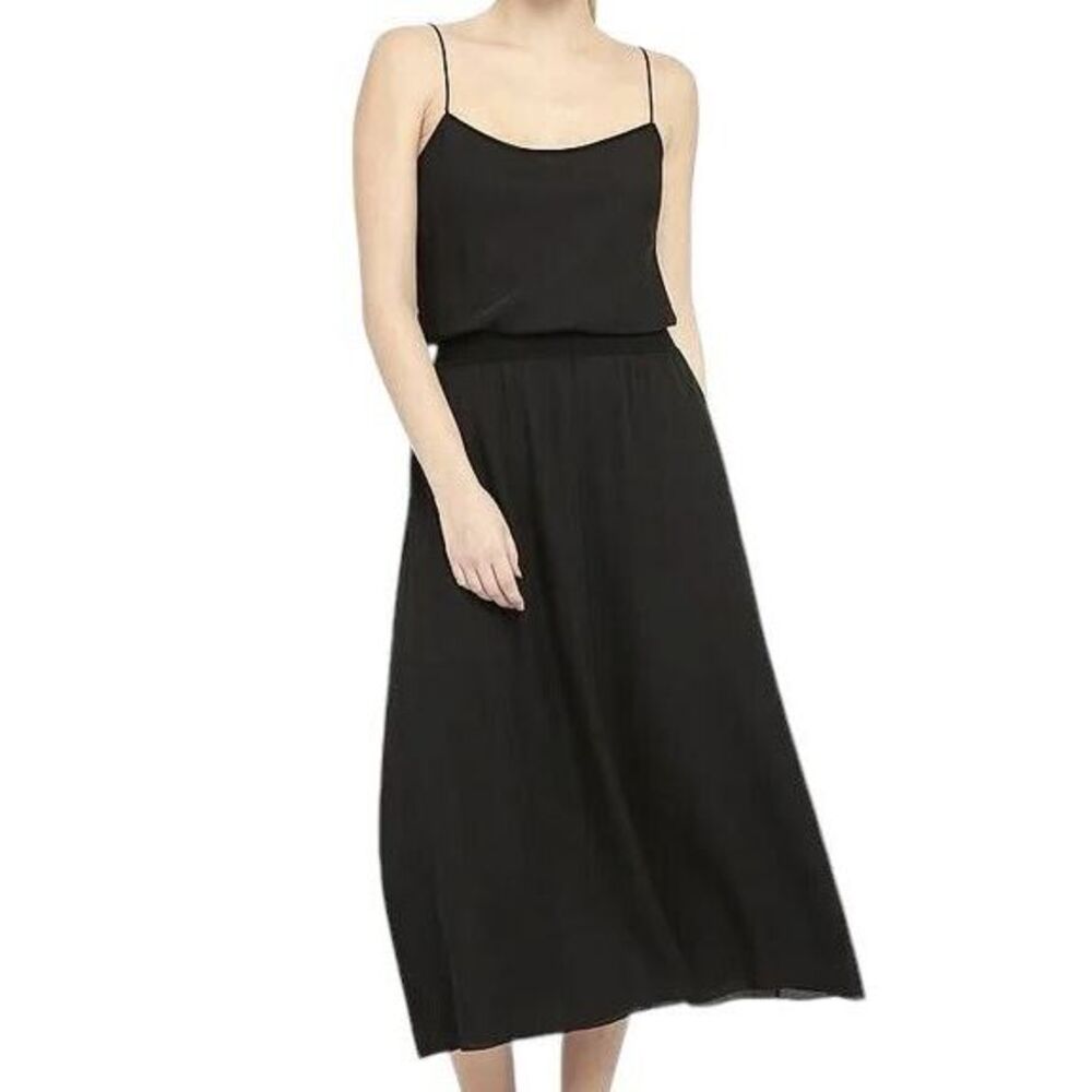 Theory Black Silk Midi A-Line Dress Women Small S Ribbed‎ Waistband Spaghetti